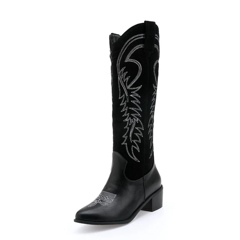 

BLXQPYT New 2019 knee high boots women Big size 34-49 winter plush warm zip square heels Fashion Exquisite embroidery 909