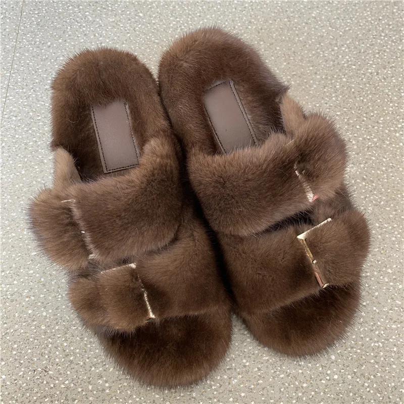 

Plush Slippers For Lovers 100% Mink Slippers Firmly Adjust The Size Of The Loop Shoe Buckle Flat Sandals