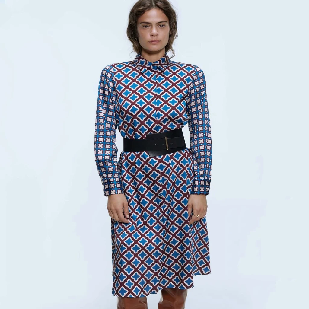 2019 ZA винтажное синее платье миди с цветочным принтом для женщин отложным