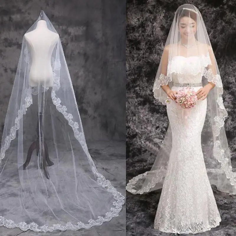 

Women Mesh Cathedral Wedding Veil Romantic Luxury Long tail Bridal Veil Two Layers Lace Tulle Accessories