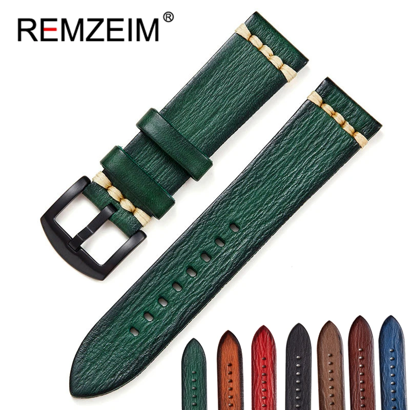 

REMZEIM 18mm 20mm 22mm 24mm Handmade Vintage Vegetable Tanned Leather Genuine Leather Watchband Strap Wrist Bracelets