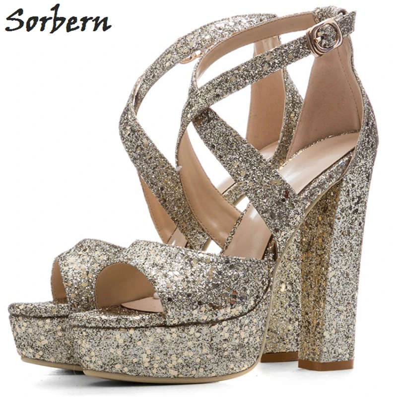 Женские Блестящие Босоножки Sorbern на высоком блочном каблуке летняя обувь