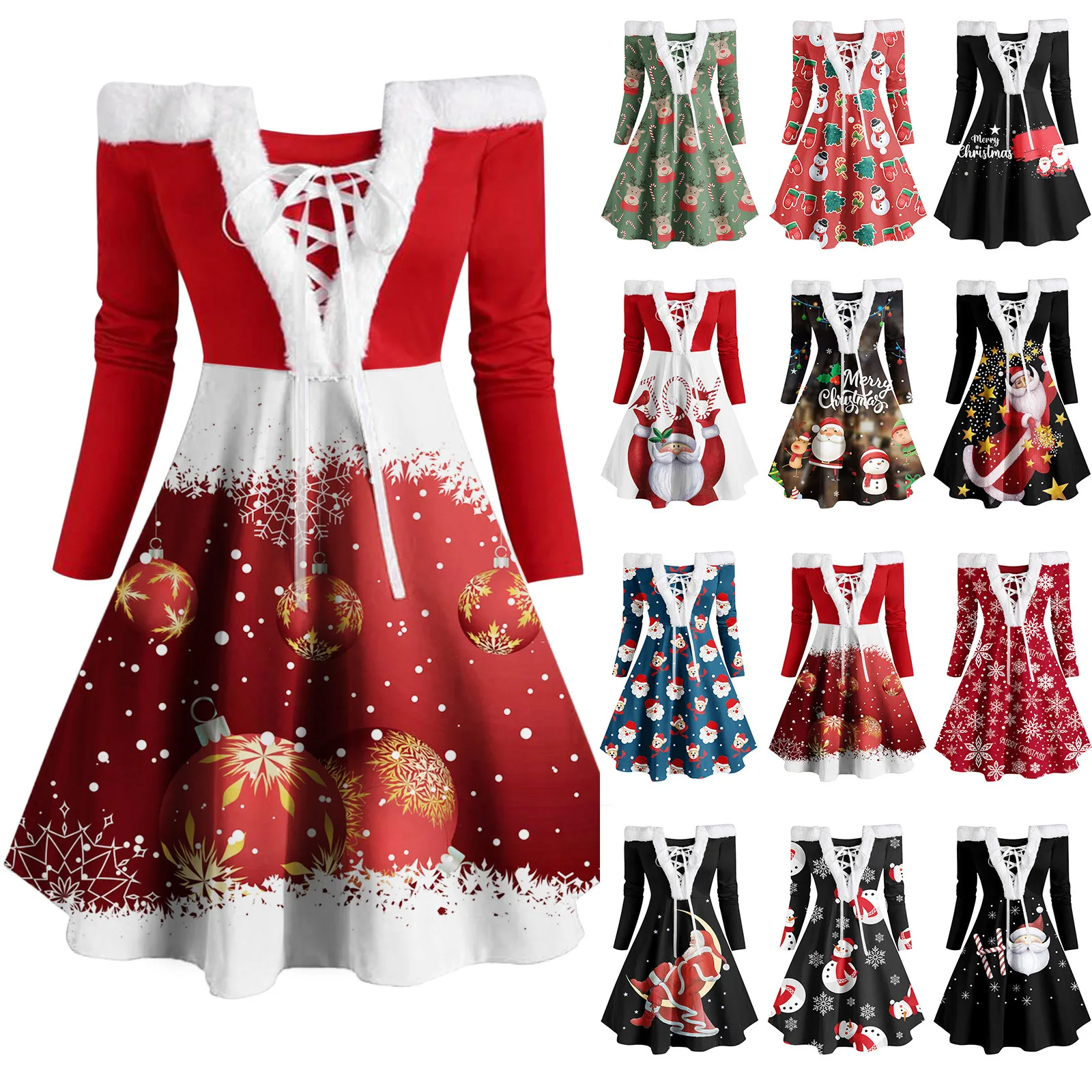 

Fashion Autumn Winter Long Sleeve Loose Christmas Dresses Ladies Christmas Print A-line Mini Dress 2021 Tops New Women