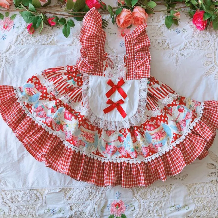 

Baby girl vintage plaid Spanish England ball gown dress kids sleeveless bow strawberry birthday party princess dress