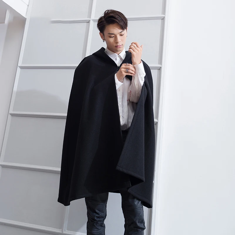 

M-4XL woolen coat male British wind long section Korean version of the loose hooded wizard hat cape cloak shawl versatile coat