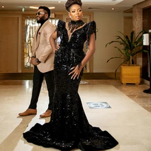 Vestido de noche de sirena negro brillante, cuello alto sin mangas, cola de barrido, lentejuelas, borla, ilusión, corpiño largo Formal para mujer (3)