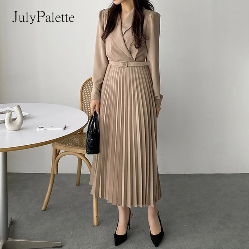 Элегантное платье-блейзер для офисных леди с поясом в складку и длинной юбкой, полные рукава, женское, на вечеринку весной-осенью 2021 года.