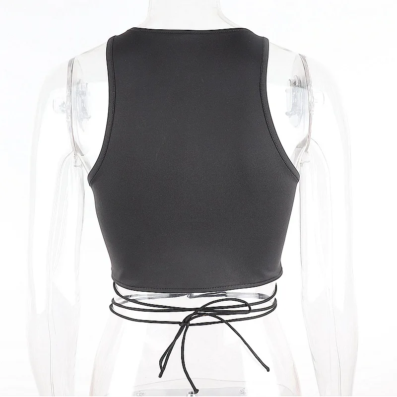 

MissThalia Bandage Black Sexy Backless Tank Tops for Women Lace Up Sleeveless Hollow Out Summer Top Cropped Club Fashion Outfits