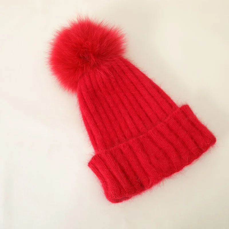 Шапка женская с помпоном из лисьего меха Зимняя шерстяная шапка модная