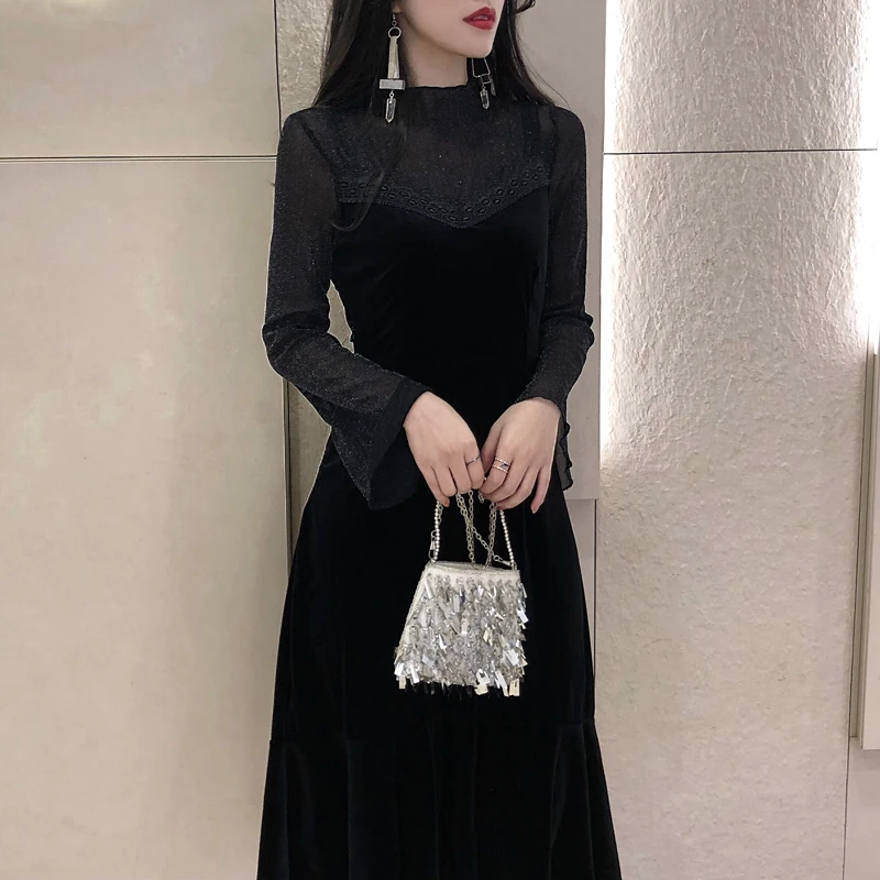 Женские платья весенне-осеннее бархатное платье большого размера с кружевной