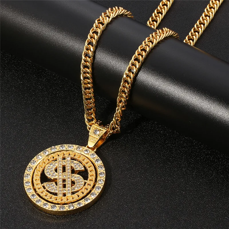 Hip Hop Gold Silver Color Rotating Dollar Pendant Long Necklace Rhinestone Men Boy Jewelry Disc Accessories | Украшения и