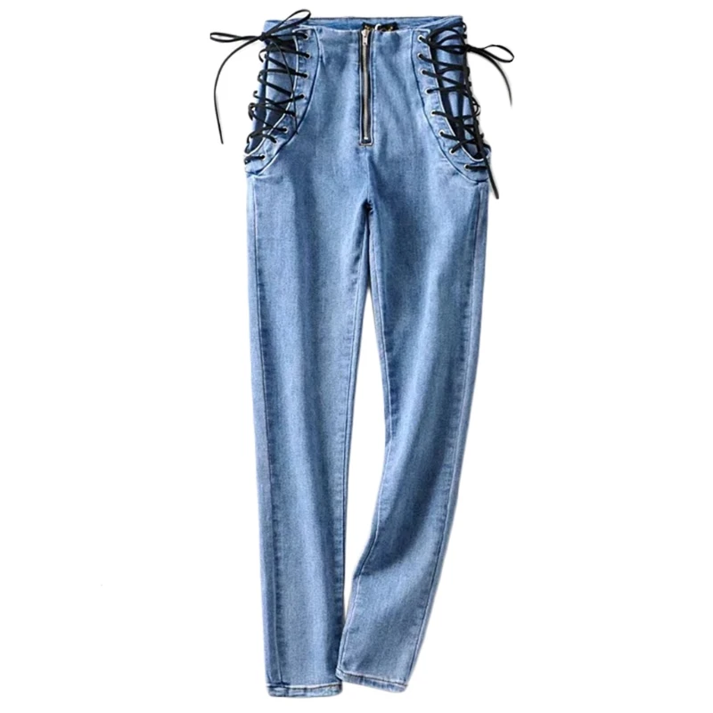 

Women Sexy High Waist Zipper Skinny Jeans Side Lace-Up Bandage Slim Denim Pants 0822
