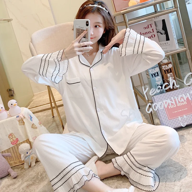 

Spring Korean Japan Fashion White Cotton Maternity Nursing Sleepwear Sets Sweet Cute Pajamas For Pregnant Women Pregnancy Home