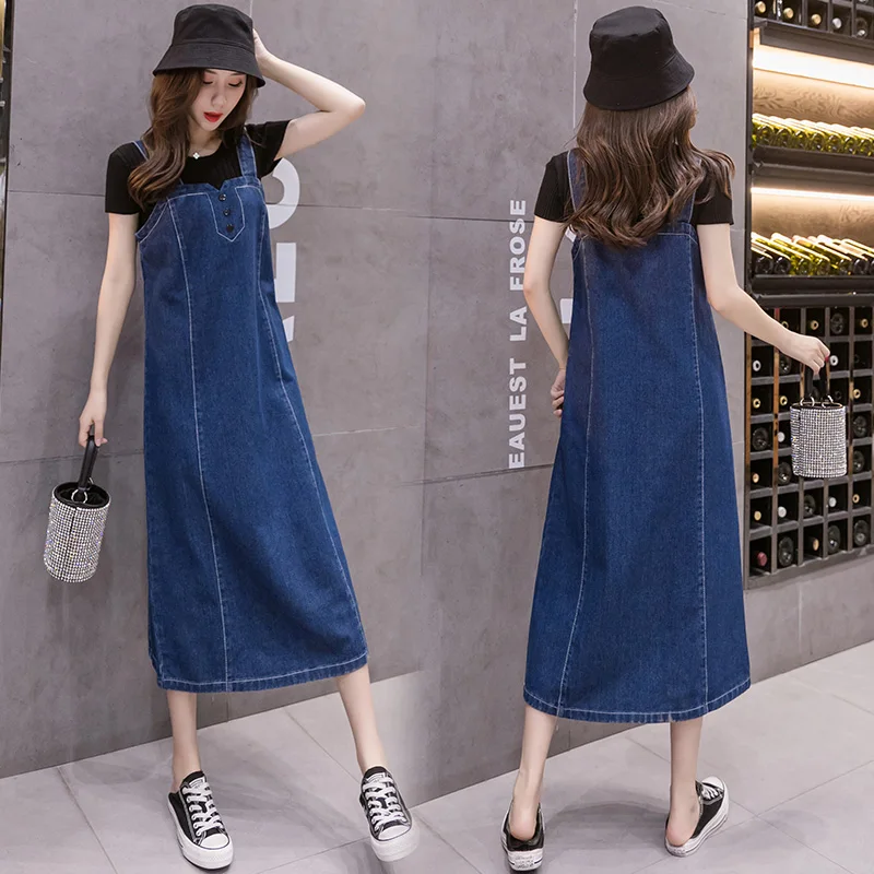 

Plus Size S-5XL Women Denim Straps Dress Summer 2021 Fashion Young Style Casual Sleeveless Loose Denim Long Dress