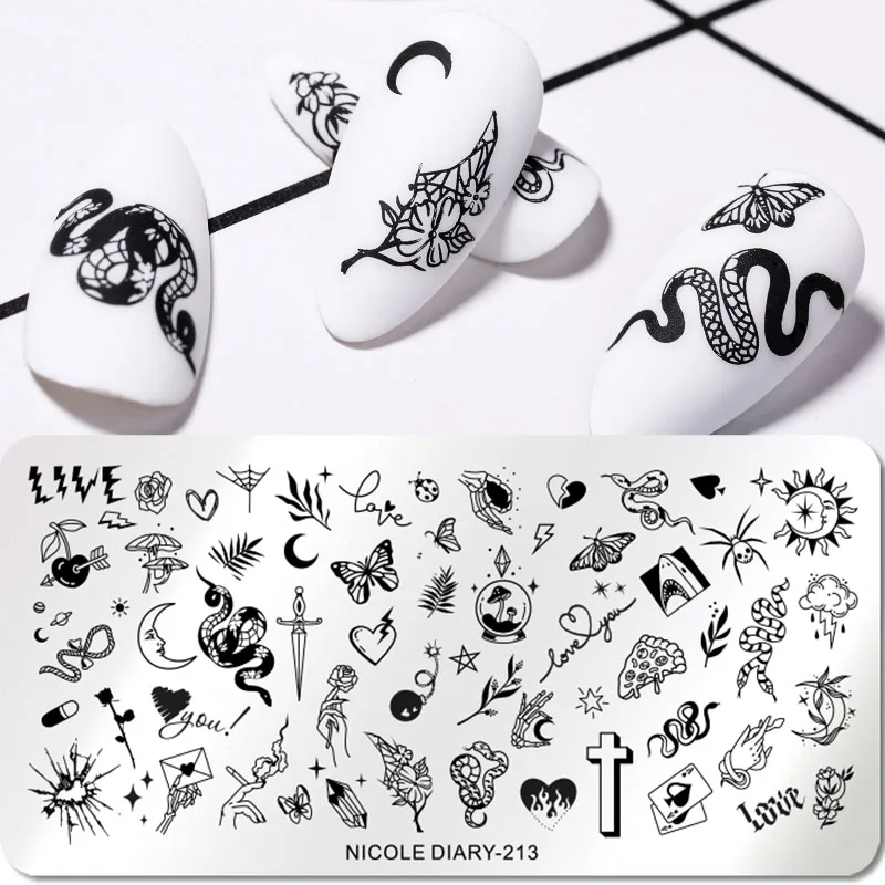 

NICOLE DIARY Snake Leopard Nail Stamping Plates Geometric Lines Leaves Flowers Design Image Printing Plates Stencil Stamp Tools