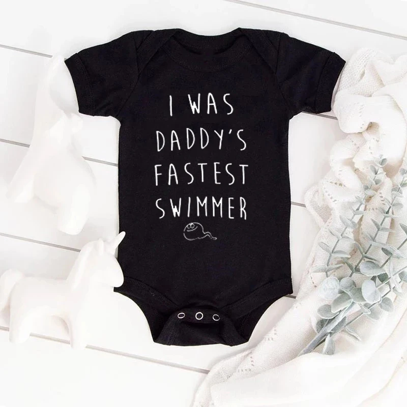 

Summer Funny Bodysuit I Was Daddy's Fastest Swimmer Pattern Baby Romper Outfit Letter Print Newborn Baby Infant Playsuit Clothes