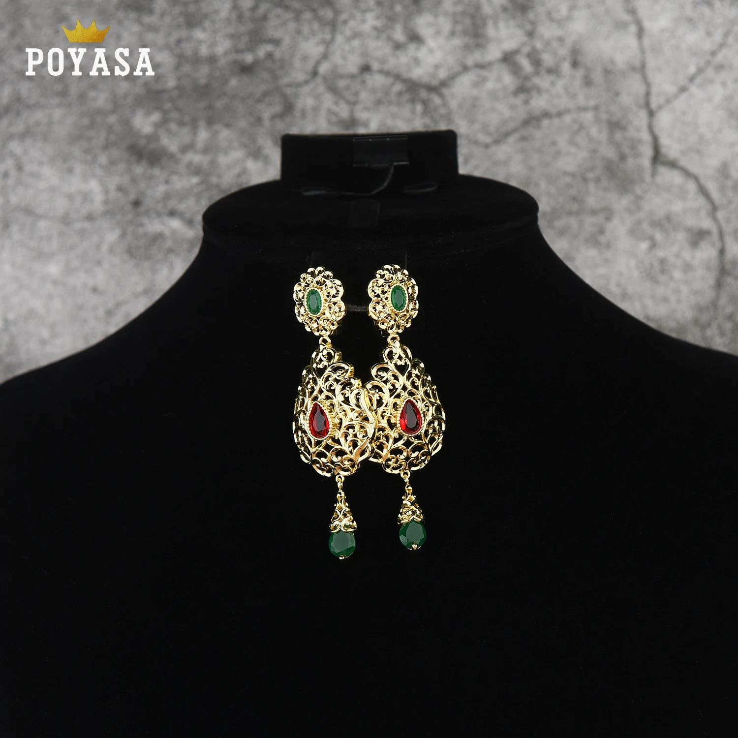Moroccan Caftan wedding gold earring red and green stone fashion jewelry copper high quality earring