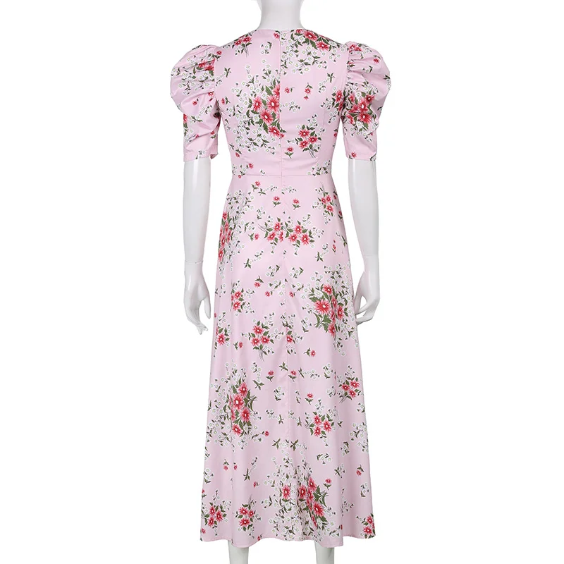 

Vintage Print Maxi Floral Dress Women Summer Puff Sleeve Pink Sweat Casual Loose Dresses Women Summer 2021 Long Beach Vacation