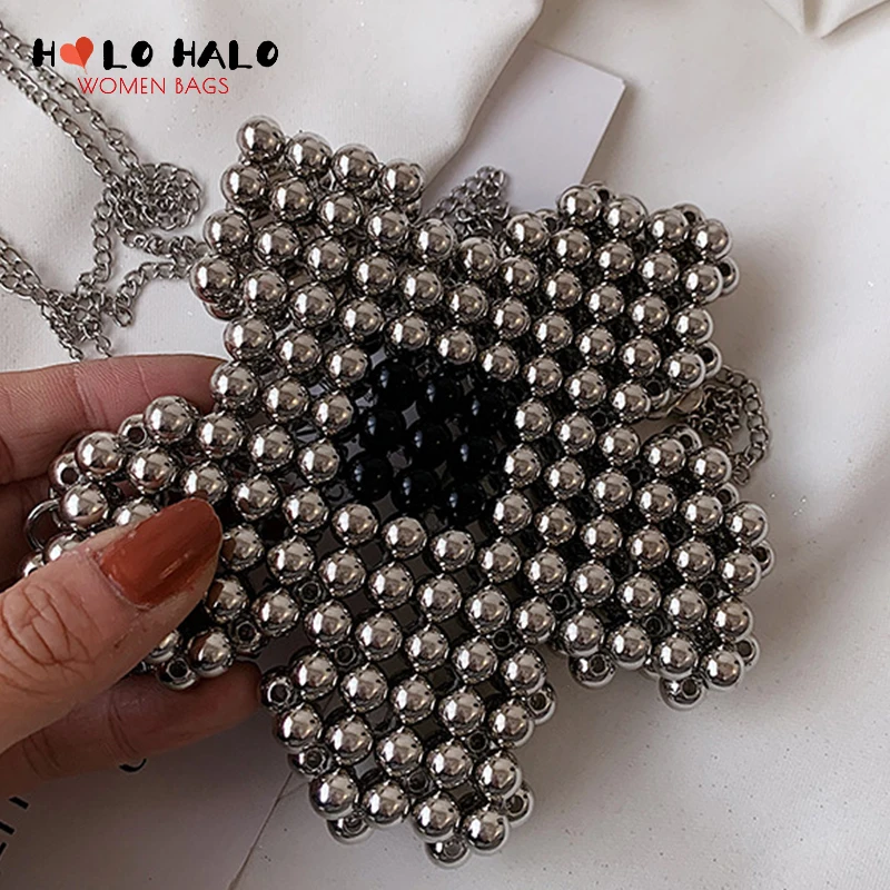 

Fashion Female Crossbody Bags Personality Shoulder Bags Novel Purses and Handbags Silver Beads Flower Shape Women's Wallet 2021
