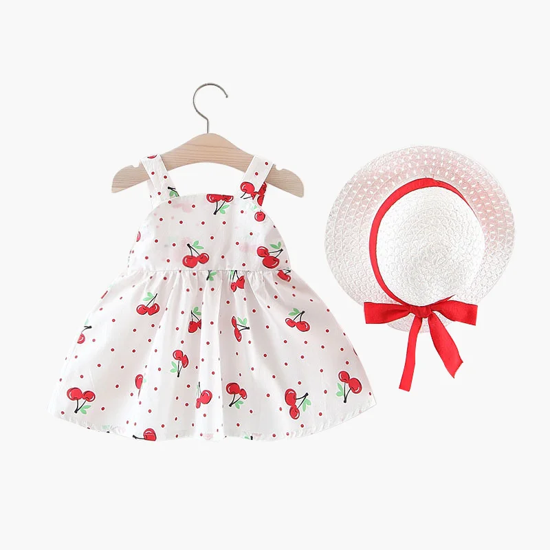 Summer Baby Girl Dress Toddler Girls Clothes 6-24 Months Sleeveless O-neck Print Floral Candy Color Bow Princess Dress With Hat