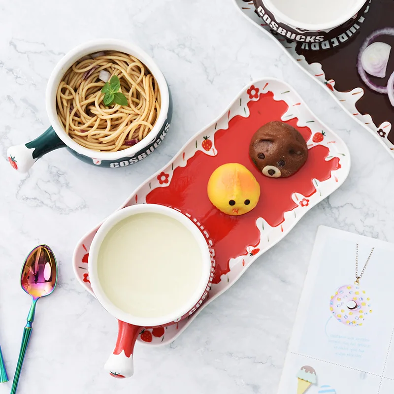 Cute Strawberry Mix Bowl with Handle and Platter Tray Set Ceramic Oatmeal Soup Fruit Salad Container for Breakfast 700ml | Дом и сад