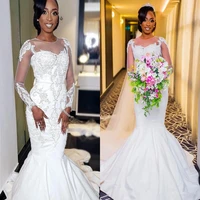 2021 african mermaid wedding dresses jewel neck long sleeves illusion lace appliques crystal beads court train plus size formal