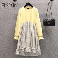 ehqaxin new womens dresses spring fashion yellow round neck printed splicing pullover dress for ladies m 3xl