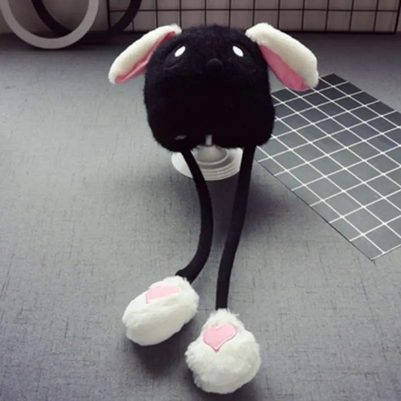 

Toddler Kids Cute Rabbit Face Embroidery Knitted Hat with Airbag Moving Ears Winter Warm Thick Plush Doll Beanie Cap Gifts 1-10T