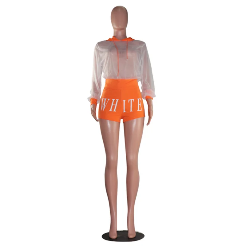 

Sheer Mesh See Through 2 Piece Matching Set Summer Clothes For Women Full Sleeve Hooded Top+Letter Print Short Casual Sweatsuit