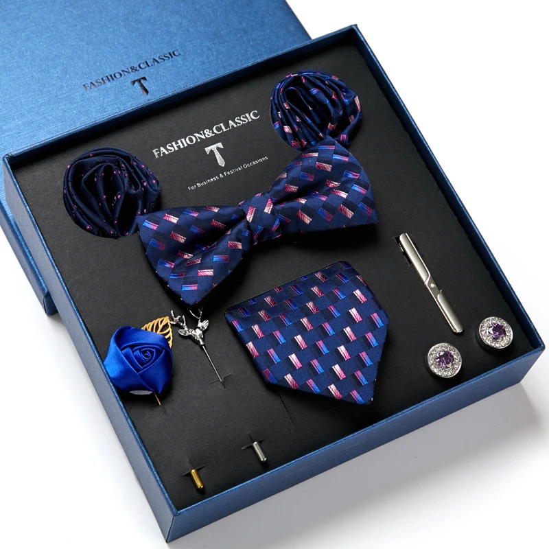 

Newest design Nice 7.5 cm Bow Tie Hanky Pocket Squares Cufflink Set Brooch Pin Clip Necktie Festive Present Box Purple Father's
