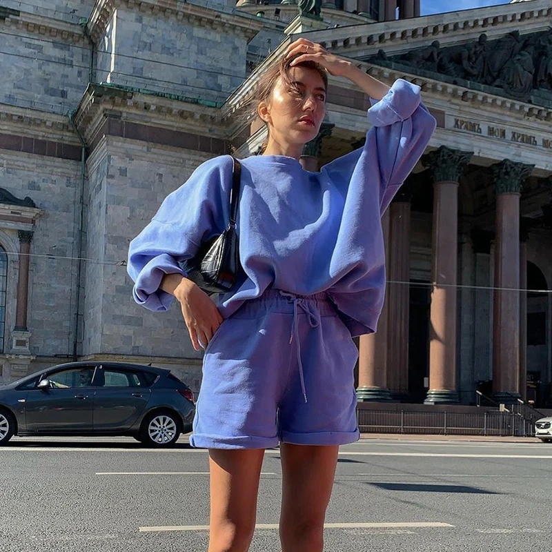 

Casual Solid Color Tracksuit Women 2 Piece Set Summer Autumn Oversize Sweatshirt+Drawstring Shorts Sweat Set Outfit