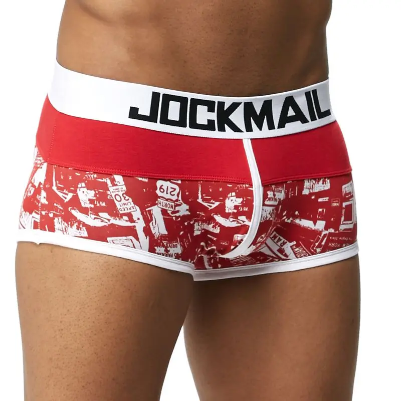 JM429-Red Бренд JOCKMAIL, мужские боксеры, хлопковое сексуальное мужское нижнее белье, боксеры с u-образной выпуклой сумкой, трусы с принтом листьев, Сетчатое дышащее нижнее белье для геев - Цвет: JM429-Red