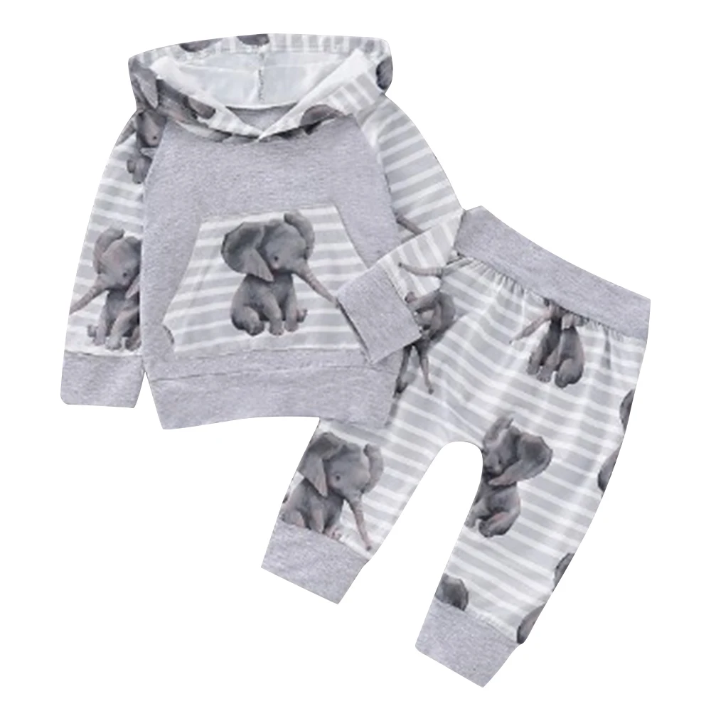 

Baby Suits Hooded Tops 2pcs Cute Elephant Print Bebe Sets Unisex Infan Clothes Suits Long Sleeve Top Full Length Bottoms 3M-18M