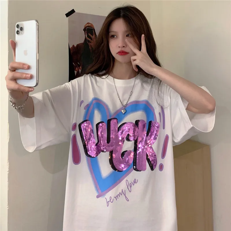 

Harajuku Summer Women Letter Sequins T-shirts Loose Casual Printed Tops Tee Female Short Sleeve T Shirt Plus Size Streetwear