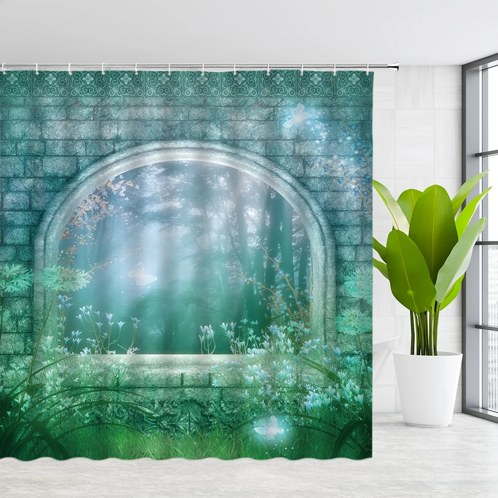 

Fantasy Landscape Shower Curtains Flower Plant Butterfly Planet Bathroom Decor Cloth Hanging Curtain Set With Hooks