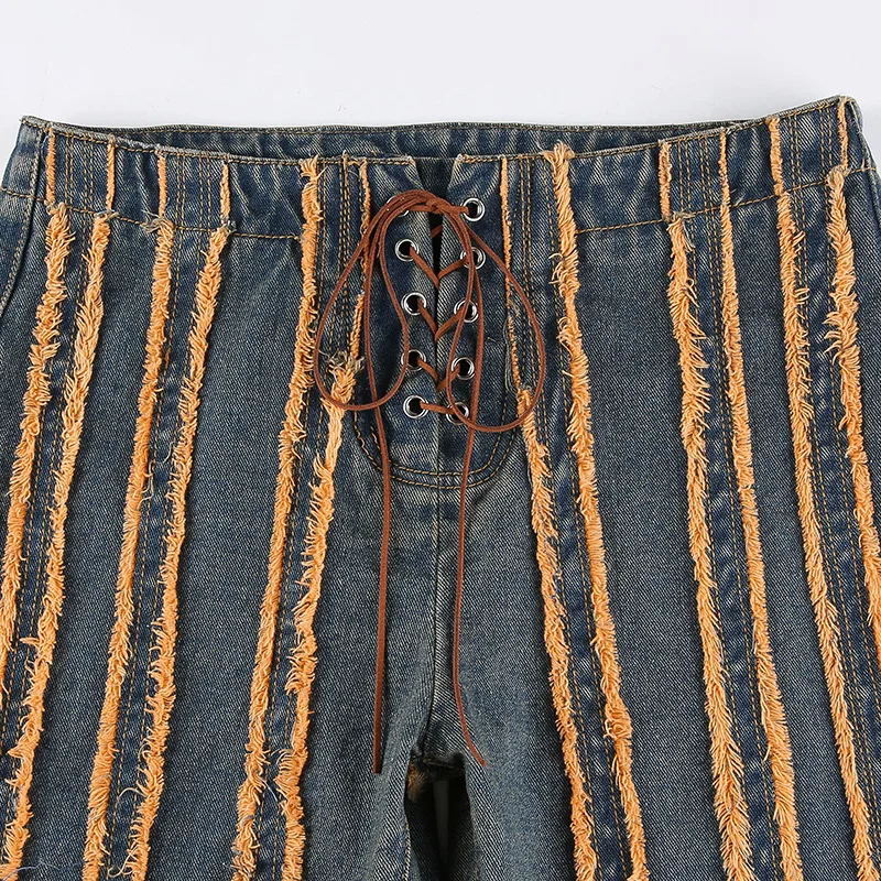 

Vintage Striped Ripped Women's Jeans Trousers Straight Mid Waist Denim Fabric Waist Lace Up Female Pants Casual Jeans