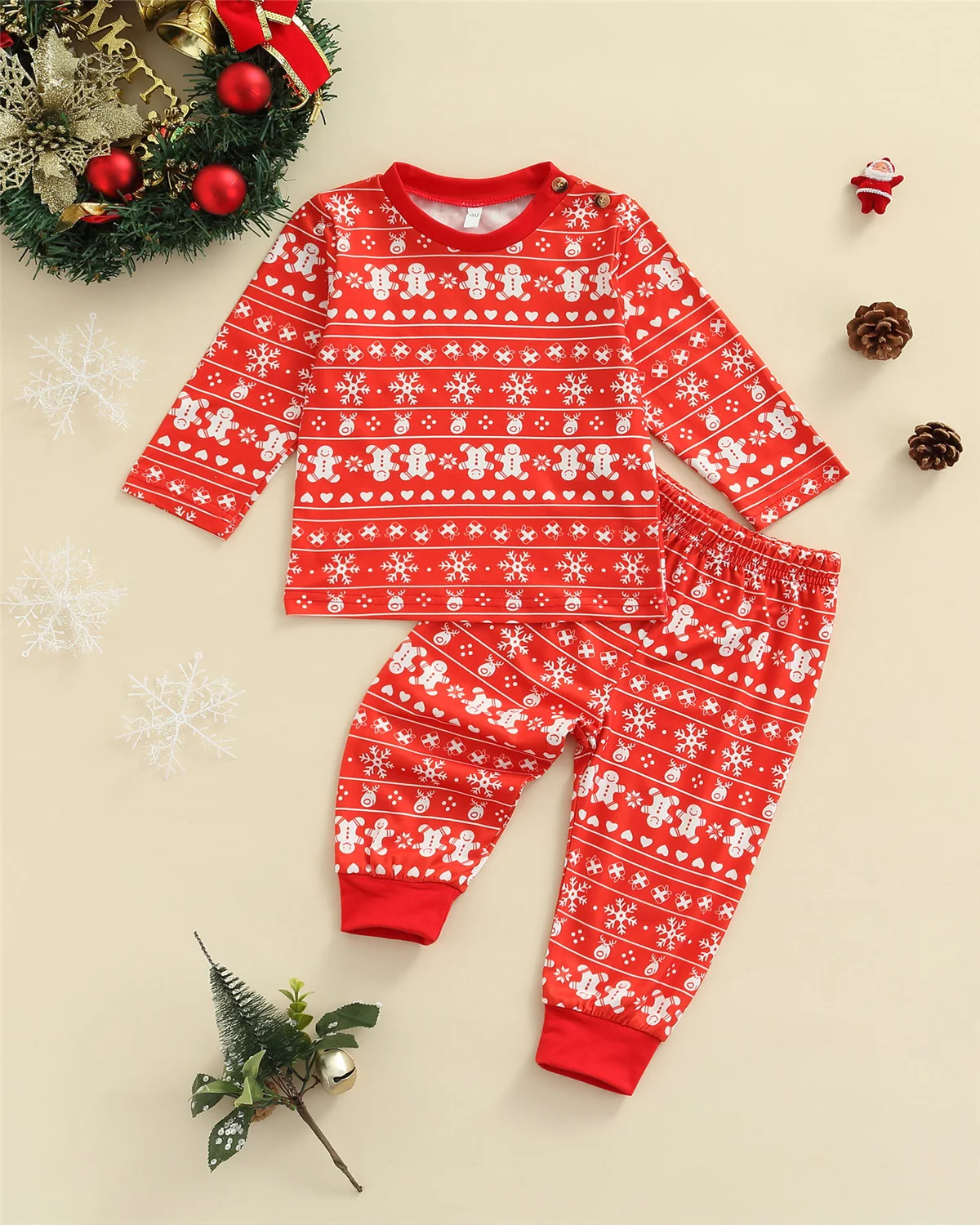 

2 Pcs Christmas Pajama Sets Cute Red Snowflake Print Sleepwear Soft Long Sleeve Top + Pants Set Fall Winter Homewear 2021