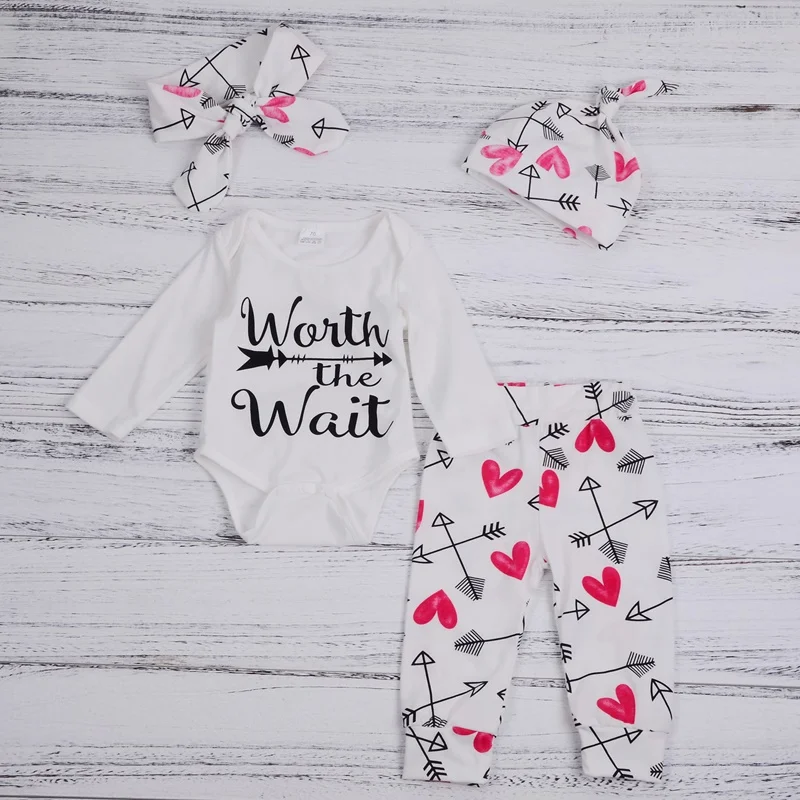 

Winter Newborn Baby Girl Clothes Sets 4 Pieces Cotton Letter Long Sleeve Tops+love Arrow Print Trousers+hat+bow Headband 0-18M