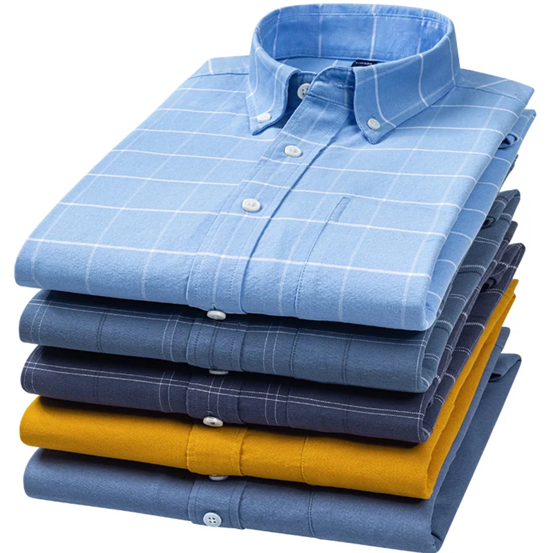 

Мужская Повседневная рубашка в клетку, синяя рубашка из ткани Оксфорд, с длинными рукавами, нагрудным карманом, воротником на пуговицах, Осе...