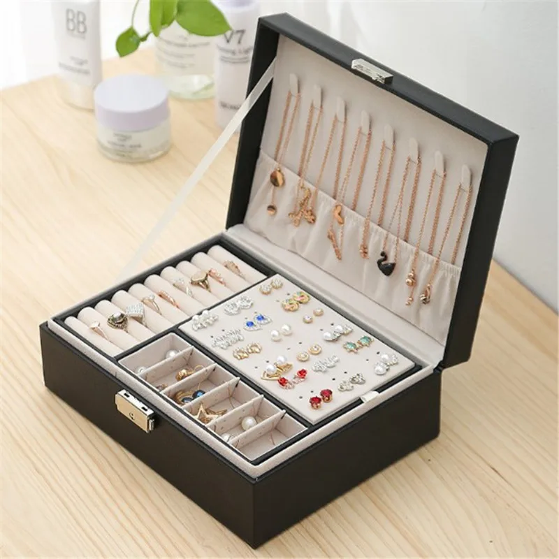 

New Black Green Pink Grey Leather Jewelry Box Travel Jewelry Organizer Multifunction Necklace Earring Ring Storage Box Gifts