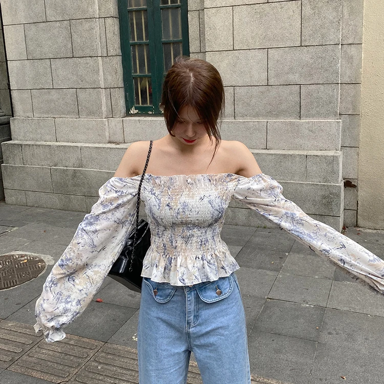 

Sexy Streetwear Slash Neck Crop Top Print Off Shoulder Blouses Summer Style Long Sleeve Women's Clothing Shirts Fashion New