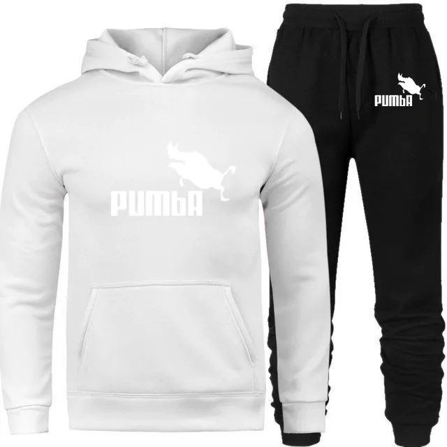 PUMBA, новая мода, мужские толстовки, костюмы, брендовый спортивный костюм для мужчин/женщин, толстовки+ спортивные штаны, Осень-зима, флисовый пуловер с капюшоном - Цвет: white
