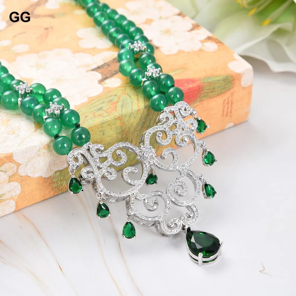 

GG Jewelry Natural Stone 18" Round Green Jades Necklace Cubic Zirconia Pave Pendant