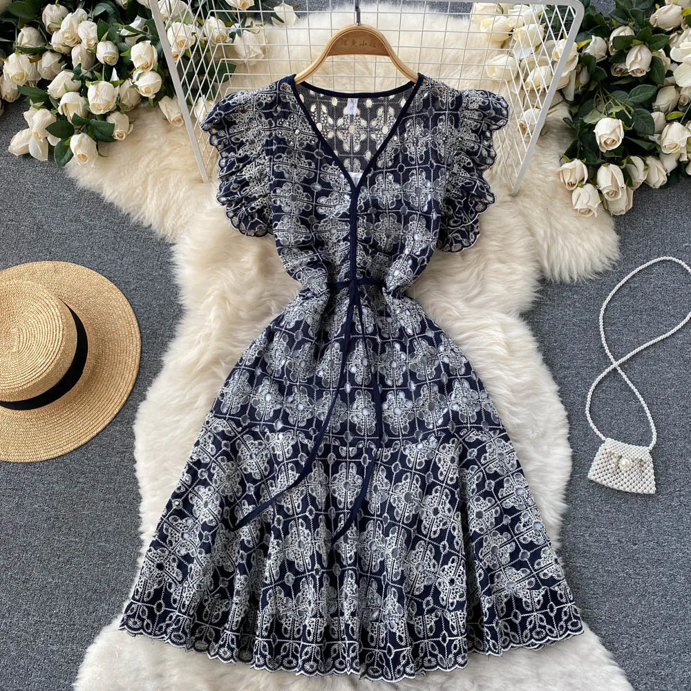 

hollow out Embroidery V-Neck Dress Womens Sexy A-Line Skater Slim Casual Ladies Cute Birthday Party Cocktail Night Evening Dress