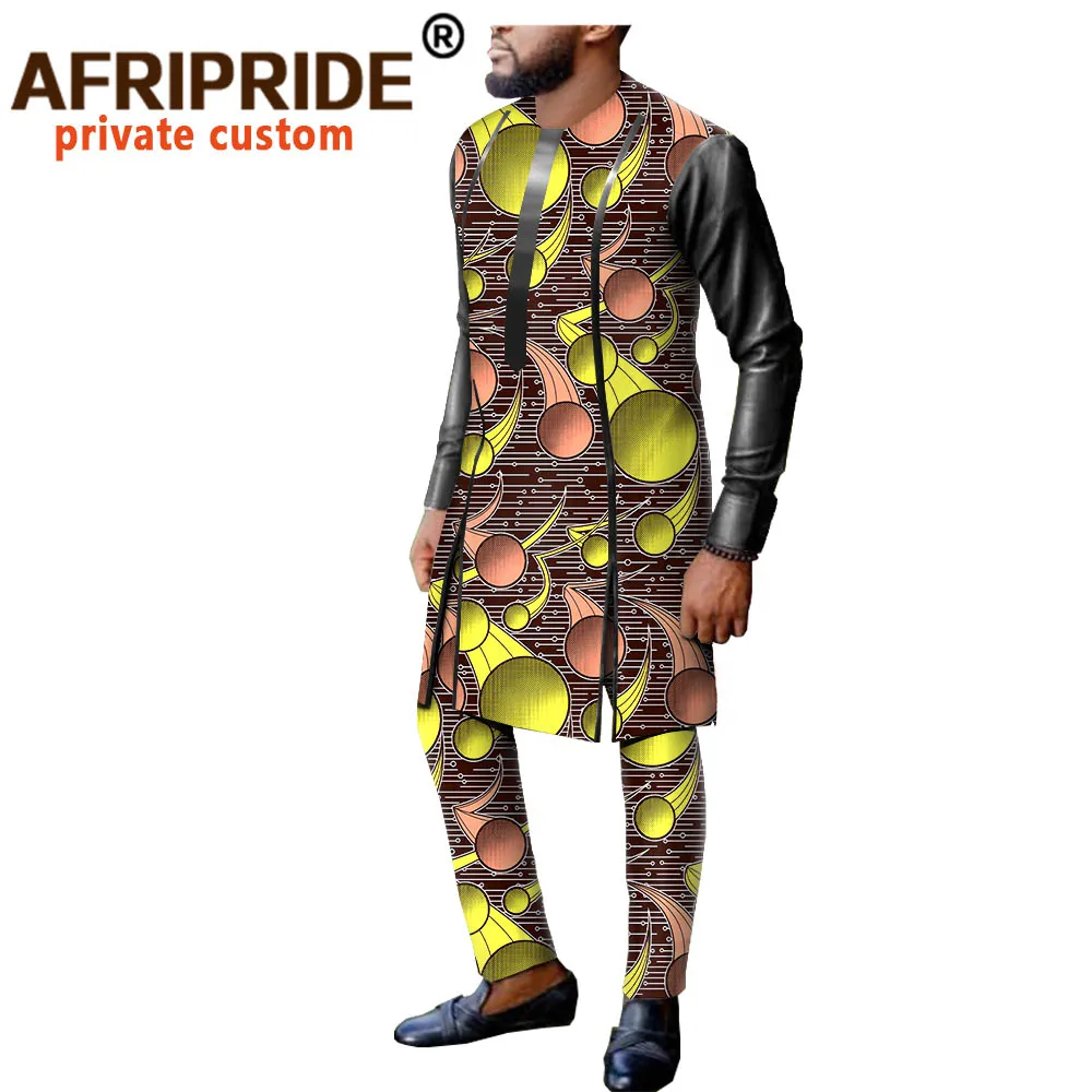 

Африканский мужской костюм Afripride с принтом Анкары, индивидуальное изготовление, топ с разрезом до колена + облегающие брюки полной длины ...