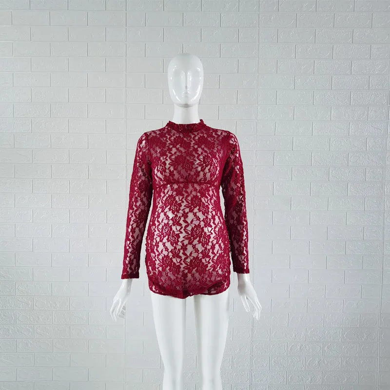 Прозрачный кружевной комбинезон для беременных с высокой горловиной и длинным