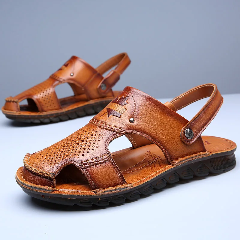 2021 Summer Sandals Men Slippers Summer Casual Leather Flat Shoes Soft Comfortable Beach Sandals Big Size