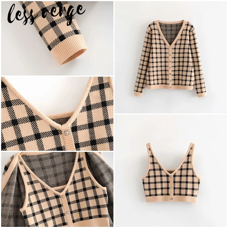 lessverge Casual yellow black plaid cardigan sweater Autumn winter 2 piece set tank crop top Knitted women korean mujer cami |