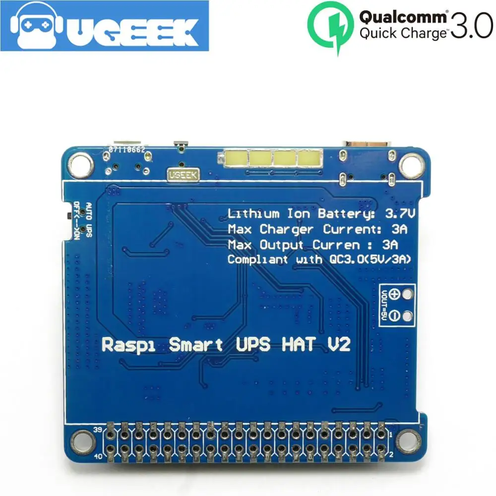 UGEEK UPS 2 шляпа с батареей для Raspberry 4B/3B+/3B | Поддержка 3A зарядного устройства/тока выход | совместимый с быстрой зарядкой QC3