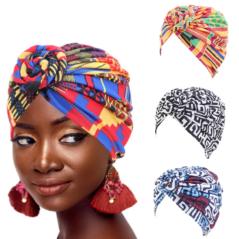 

African Pattern Flower Sleeping Cap For Women Turban Islamic Inner Hijab Caps Chemo Hat Ladies Bandana Muslim Head Cover Hat